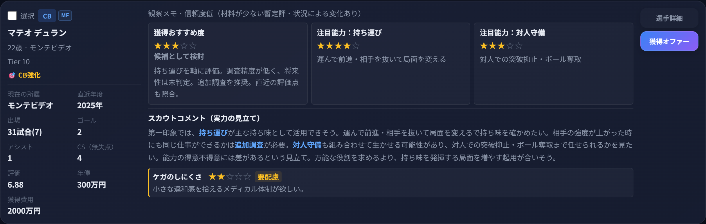 実力の見立て・人物像・獲得オファーを表示する実際のゲーム画面の拡大部分